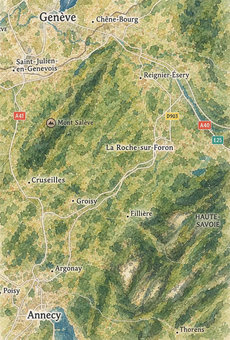 Carte aquarelle de la zone d'intervention : La Roche-sur-Foron et 20 km autour, entre Genève et Annecy